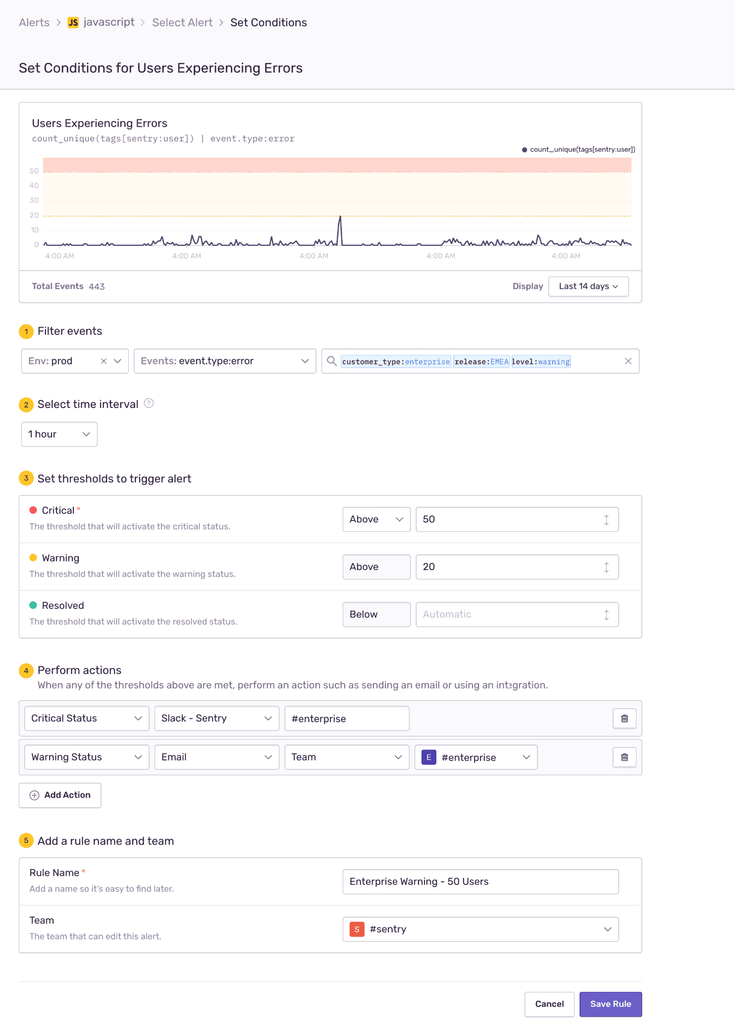 Metric alert configuration for the example rule